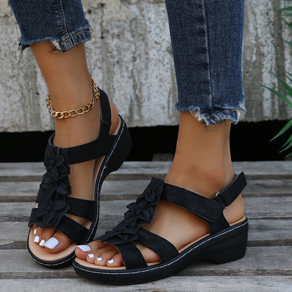 Mature Women Flowers Sandals Summer Velcro Wedges Shoes