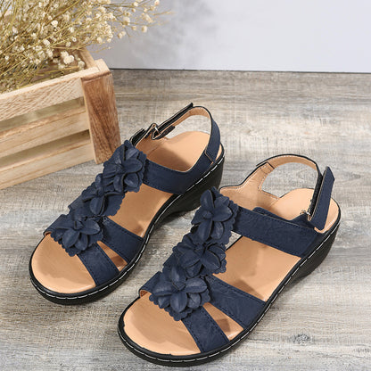 Mature Women Flowers Sandals Summer Velcro Wedges Shoes