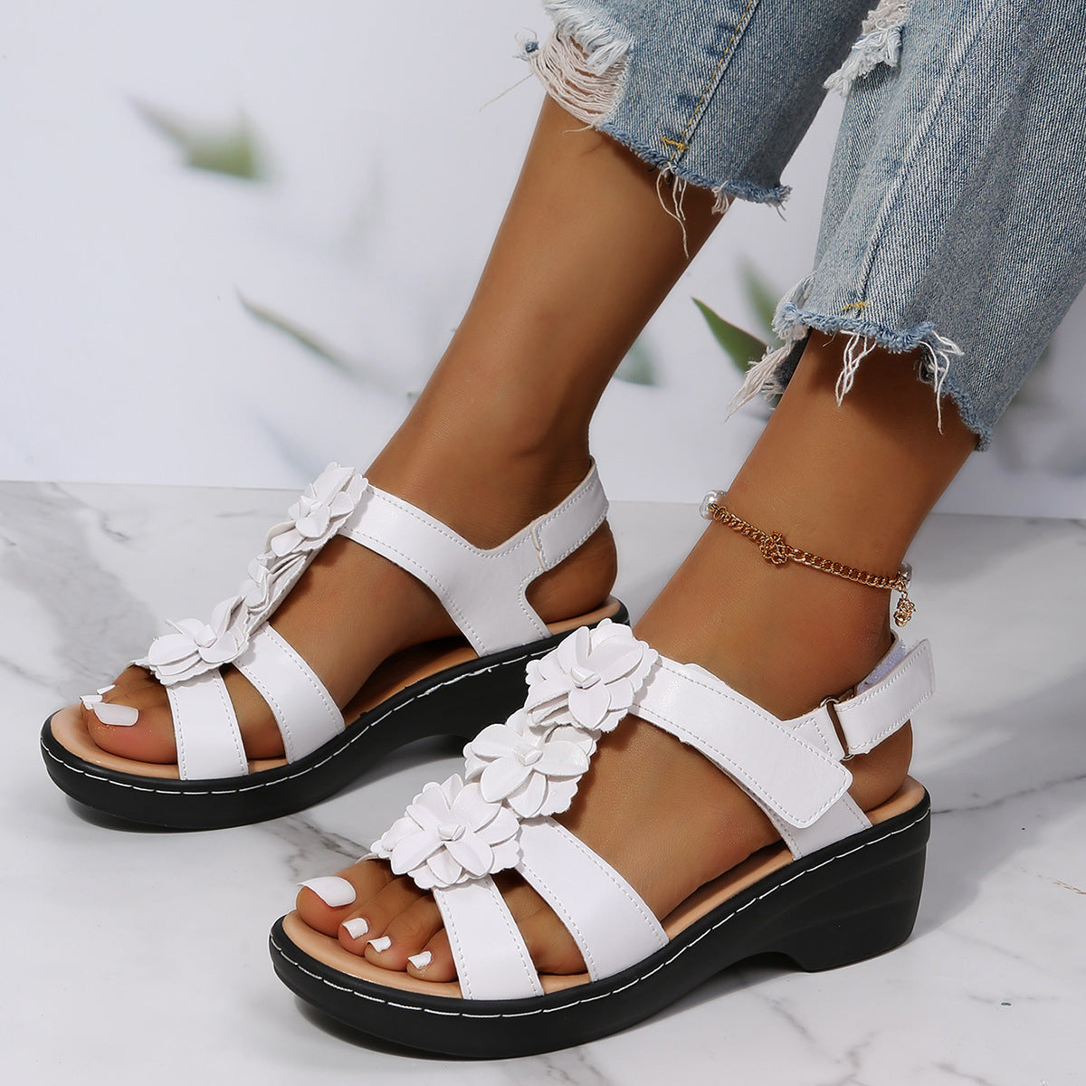 Mature Women Flowers Sandals Summer Velcro Wedges Shoes