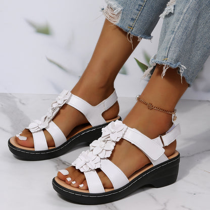 Mature Women Flowers Sandals Summer Velcro Wedges Shoes