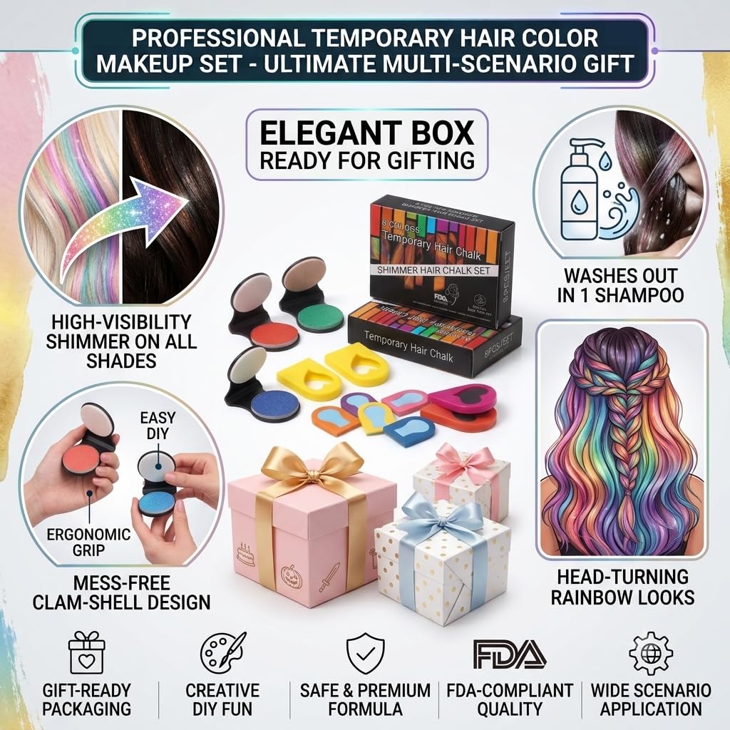 8 Colors Shimmer Hair Chalk for Girls & Adults