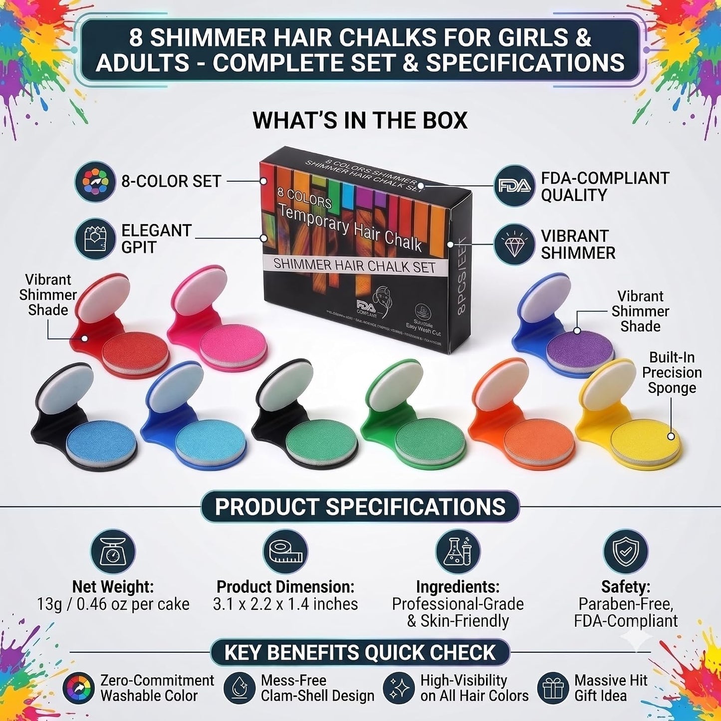 8 Colors Shimmer Hair Chalk for Girls & Adults