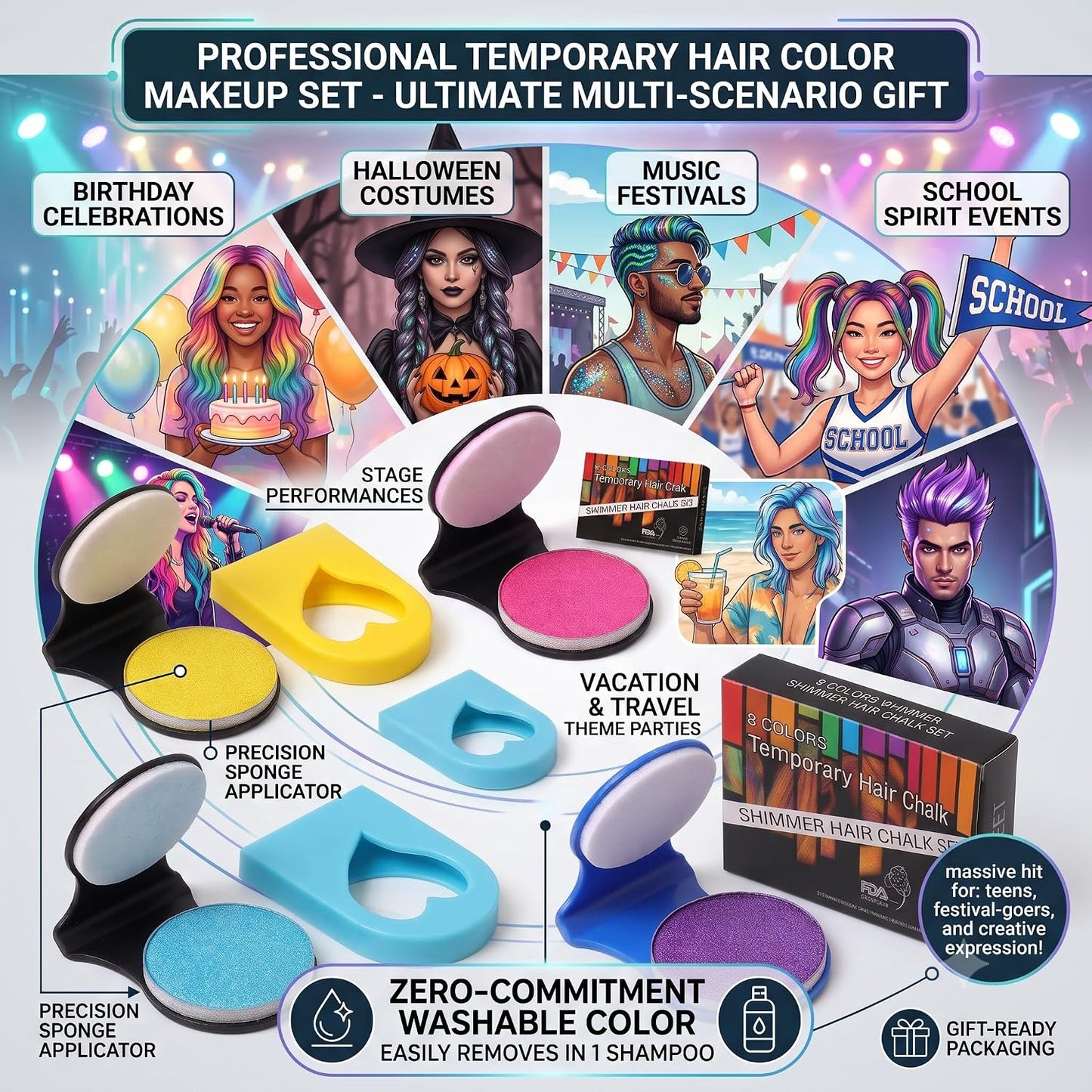 8 Colors Shimmer Hair Chalk for Girls & Adults